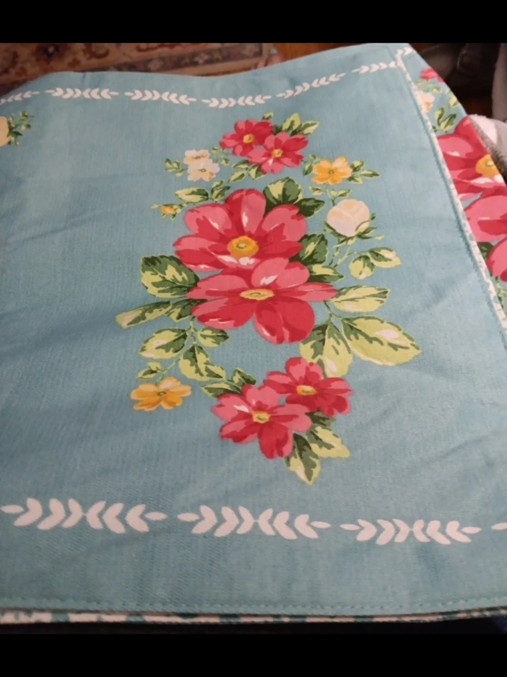 The Pioneer Woman Red Floral Panel on Teal Fabric
